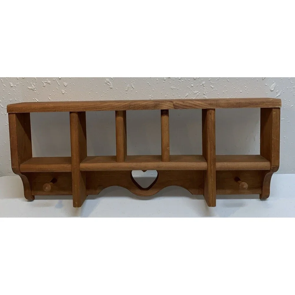 Country Wall Curio Knick Knack Display Shelf Wooden Cubbies Pegs Pine Heart